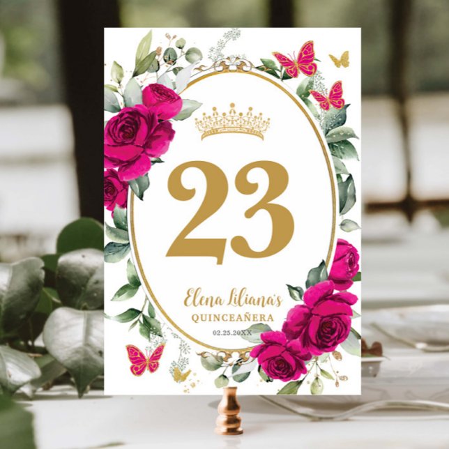 Fuchsia Hot Pink Floral Butterflies Quinceanera XV Tischnummer (Von Creator hochgeladen)
