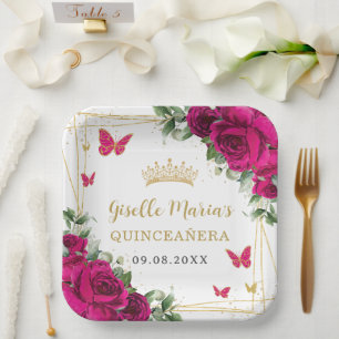 Fuchsia Hot Pink Florale Schmetterlinge Quinceañer Pappteller