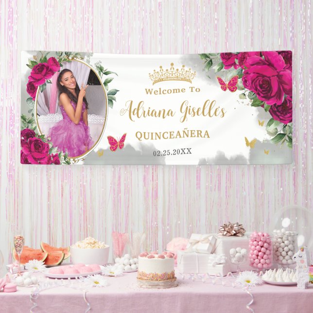 Fuchsia Hot Pink Rose Blumenkohle Foto Banner (Party)