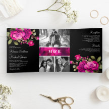 Fuchsia Hot Pink Rose Foto Collage Black Wedding
