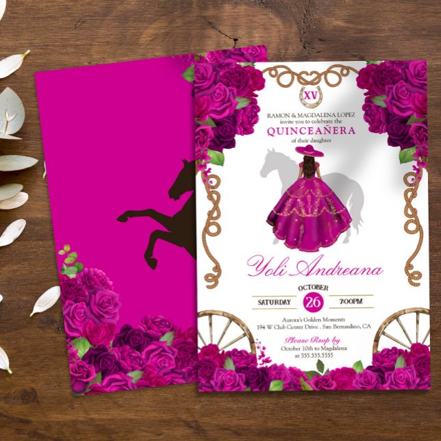 Fuchsia Hot Pink Rose Western Charro Quinceañera Einladung (Von Creator hochgeladen)