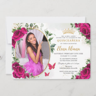 Fuchsia Hot Pink Rosen Florale Quinceañera-Foto Einladung