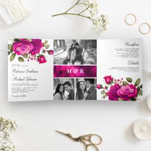 Fuchsia Hot Pink Rosen Foto Collage Hochzeit Dreifach Gefaltete Einladung