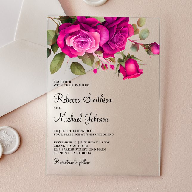 Fuchsia Hot Pink Rosen Hochzeit Acryleinladungen (Von Creator hochgeladen)
