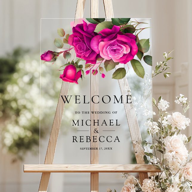 Fuchsia Hot Pink Roses Wedding Welcome Acrylschild (Von Creator hochgeladen)