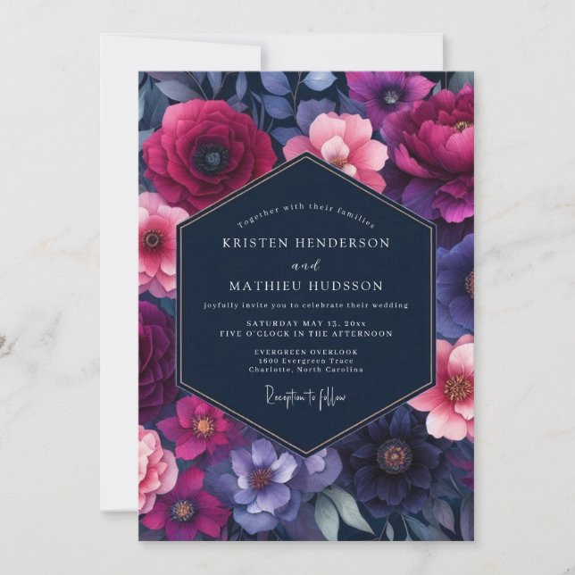 Fuchsia Indigo Bloom Wedding Einladung (Vorderseite)