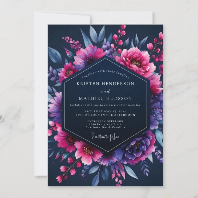 Fuchsia Indigo Nocturne Hochzeit Einladung (Vorderseite)