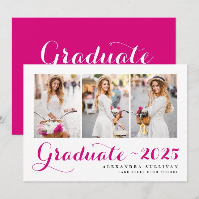 Fuchsia-Klasse 2025 Foto Collage Abschluss Einladung (Vorne/Hinten)