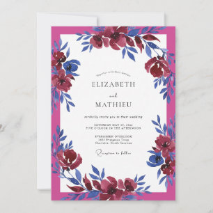 Fuchsia Kobalt Wasserfarben-Hochzeit Einladung