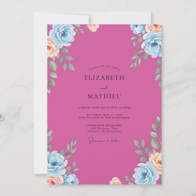 Fuchsia Korallen Hochzeit Einladung (Vorderseite)