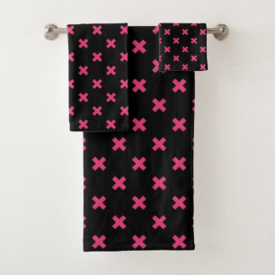 Fuchsia Kreuzstiche auf schwarz Badhandtuch Set