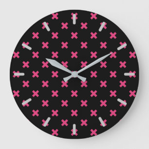 Fuchsia Kreuzstiche auf schwarz Große Wanduhr