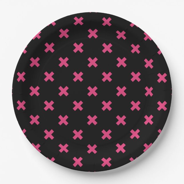 Fuchsia Kreuzstiche auf schwarz Pappteller (Vorderseite)