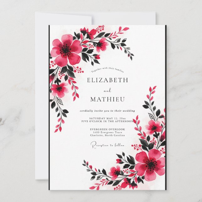 Fuchsia Lebendige Romantische Hochzeit Einladung (Vorderseite)