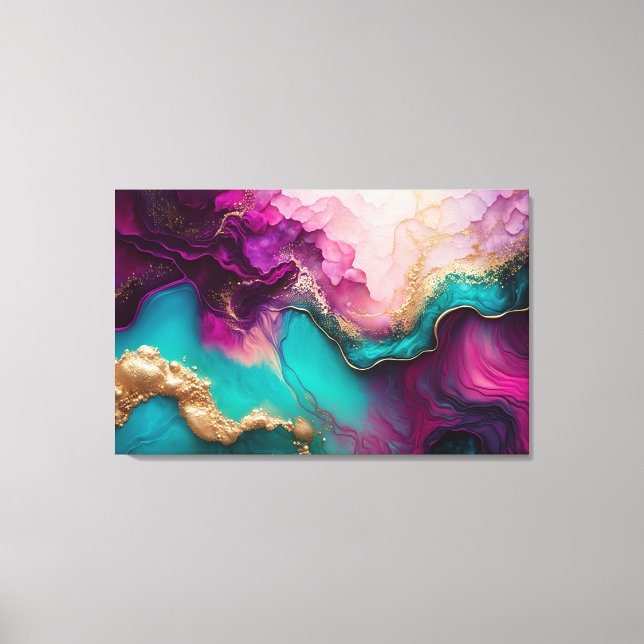 Fuchsia, Lila, Aquamarin & Goldmarmor Abstrakte Ku Leinwanddruck (Vorderseite)