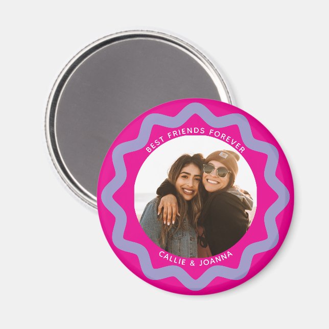 Fuchsia Lilac Wavy Circle Photo Frame with Text Magnet (Vorderseite/Rückseite)