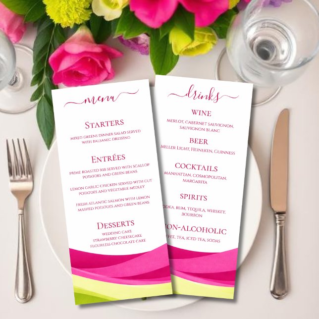 Fuchsia & Lime Green Wedding Dinner and Bar Menu  Menükarte (Fuchsia and Lime Green Wedding Dinner and Bar Menu )