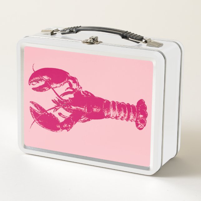 Fuchsia Lobster auf hellrosa Metall Lunch Box (Vorderseite)