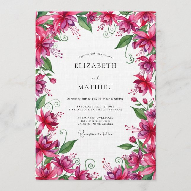 Fuchsia Lush Botanical Wedding Einladung (Vorderseite)