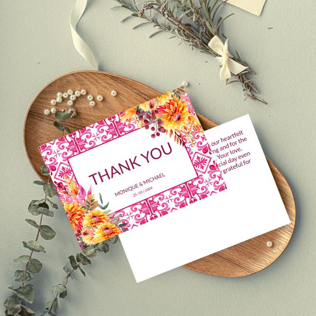 Fuchsia Majolica Fliesen Orange Dahlien Dankeskarte (Fuchsia Majolica tiles orange dahlias Thank You Card wedding thank you bridal shower thank you cards)
