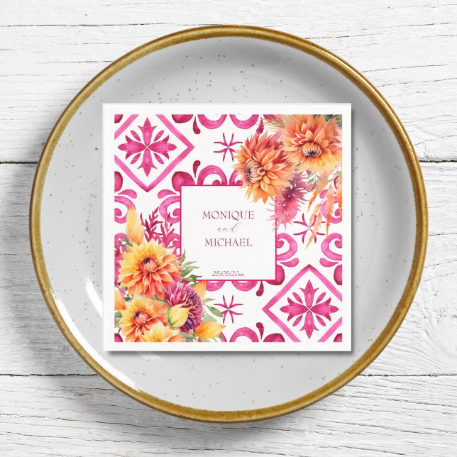 Fuchsia Majolica Fliesen Orange Dahlien Vorlage Serviette (Fuchsia pink Majolica tiles orange dahlia template Napkins personalized wedding tableware decor)
