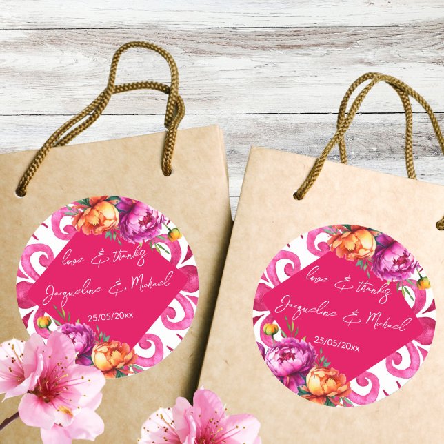 Fuchsia Majolica Fliesen Orange danke Ihnen für Runder Aufkleber (Fuchsia Majolica tiles orange peonies thank you favor Stickers magenta hot pink favor stickers)
