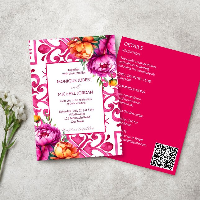 Fuchsia Majolica Fliesen Orangenbäume alle in eine Einladung (Fuchsia Majolica tiles orange pink peonies all in one wedding template Invitation digital download)