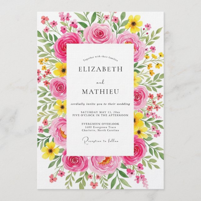 Fuchsia Malerische Flora Hochzeit Einladung (Vorderseite)