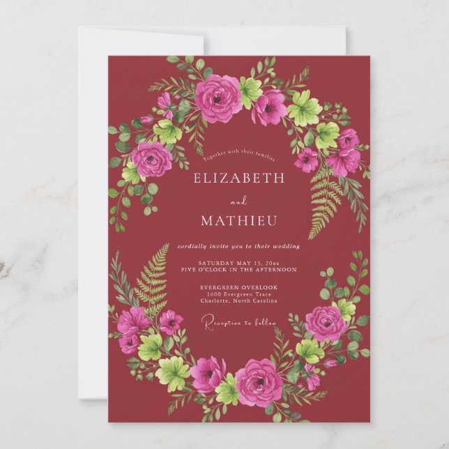 Fuchsia-Malven-Farn-Hochzeit Einladung (Vorderseite)