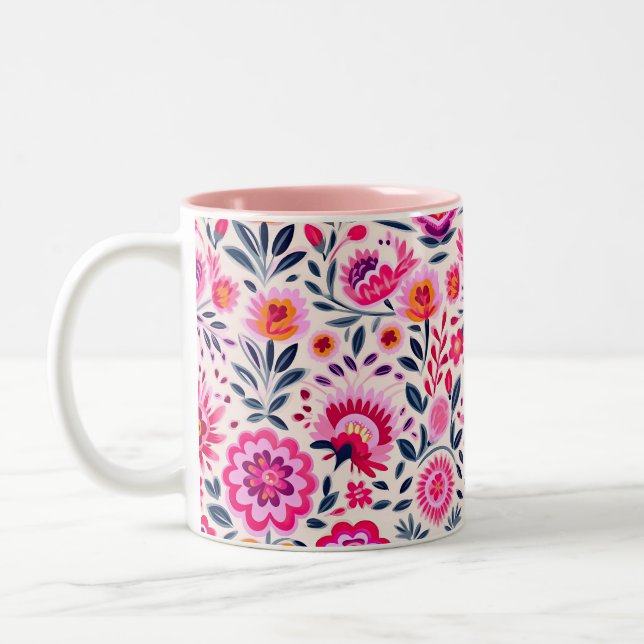 Fuchsia Mexikanische Blume Muster Vibrannt Zweifarbige Tasse (Links)