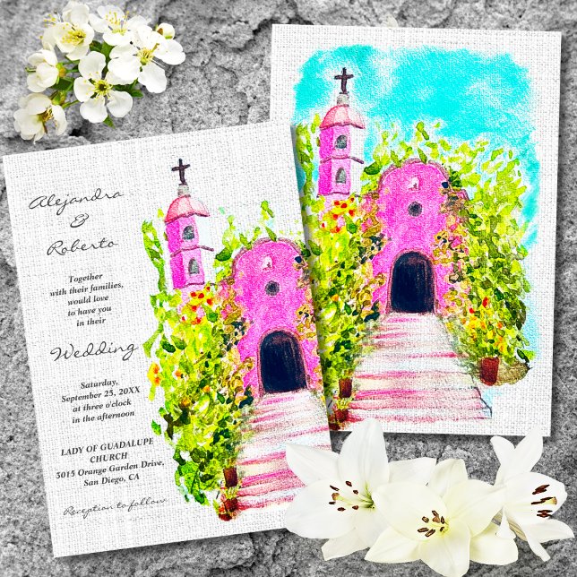 Fuchsia Mexikanische Kapelle mit Blumenwein Hochze Einladung (Von Creator hochgeladen)