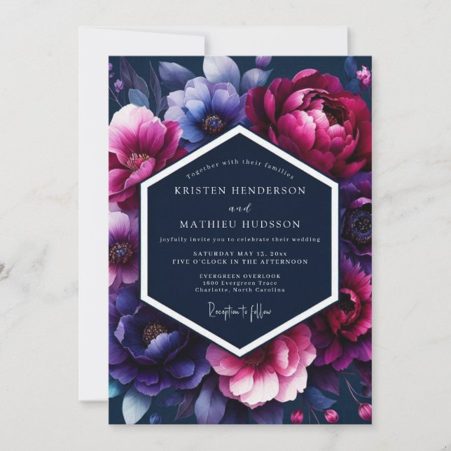 Fuchsia-Midnight-Flora-Hochzeit Einladung (Vorderseite)
