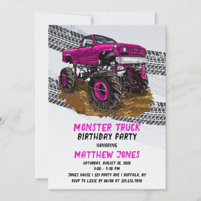 Fuchsia Monster Truck Birthday Party Einladung (Vorderseite)