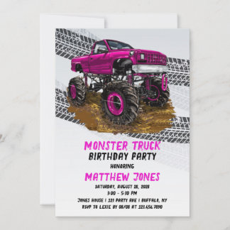 Fuchsia Monster Truck Birthday Party Einladung