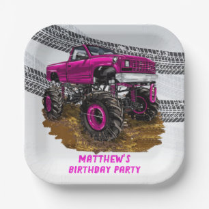 Fuchsia Monster Truck Boy Birthday Party Pappteller