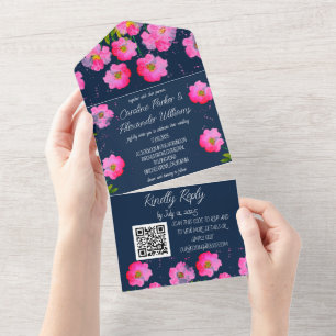 Fuchsia Navy Blue Modern Bold fein elegant floral All In One Einladung