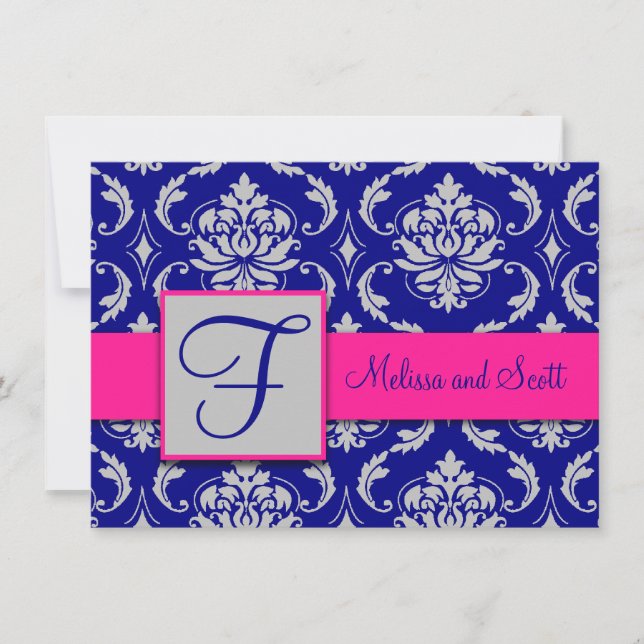 Fuchsia Navy Blue Silver Damask Save the Date 1B Einladung (Vorderseite)