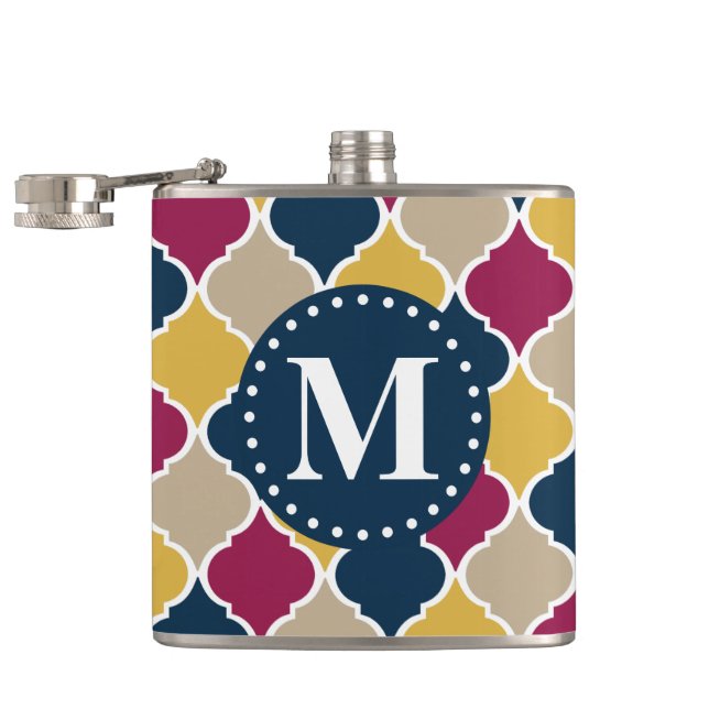 Fuchsia Navy marokkanisches Gittermonogramm Flachmann (Geöffnet)