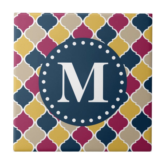 Fuchsia Navy marokkanisches Gittermonogramm Fliese (Vorderseite)