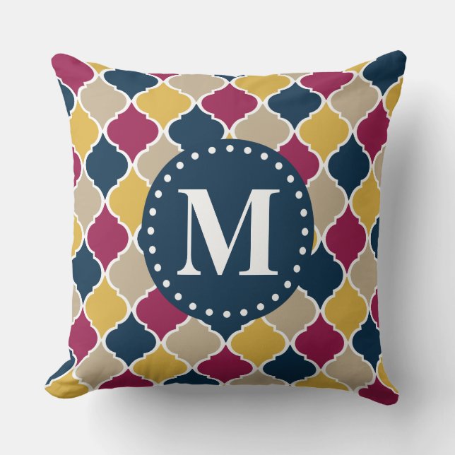 Fuchsia Navy marokkanisches Gittermonogramm Kissen (Vorderseite)