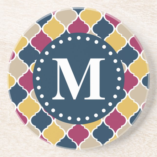 Fuchsia Navy marokkanisches Gittermonogramm Sandstein Untersetzer (Vorne)