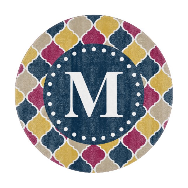 Fuchsia Navy marokkanisches Gittermonogramm Schneidebrett (Vorderseite)
