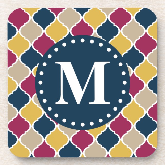 Fuchsia Navy marokkanisches Gittermonogramm Untersetzer (Vorderseite)