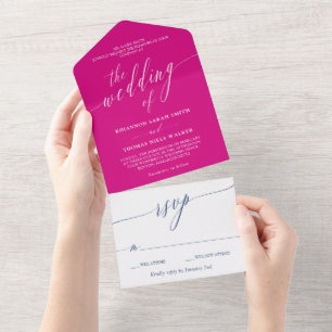Fuchsia Navy White Delicate Calligraphy Wedding All In One Einladung