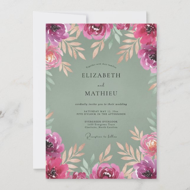 Fuchsia Oliven Bemalte Hochzeit Einladung (Vorderseite)