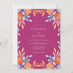 Fuchsia Orange Laub Eukalyptus Hochzeit Einladung