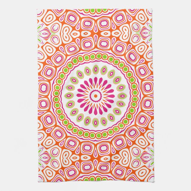 Fuchsia Orange und grünes, lebendiges Mandala Must Geschirrtuch (Vertikal)