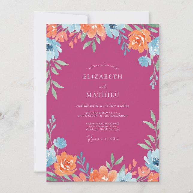 Fuchsia Orange Wildblumen-Hochzeit Einladung (Vorderseite)