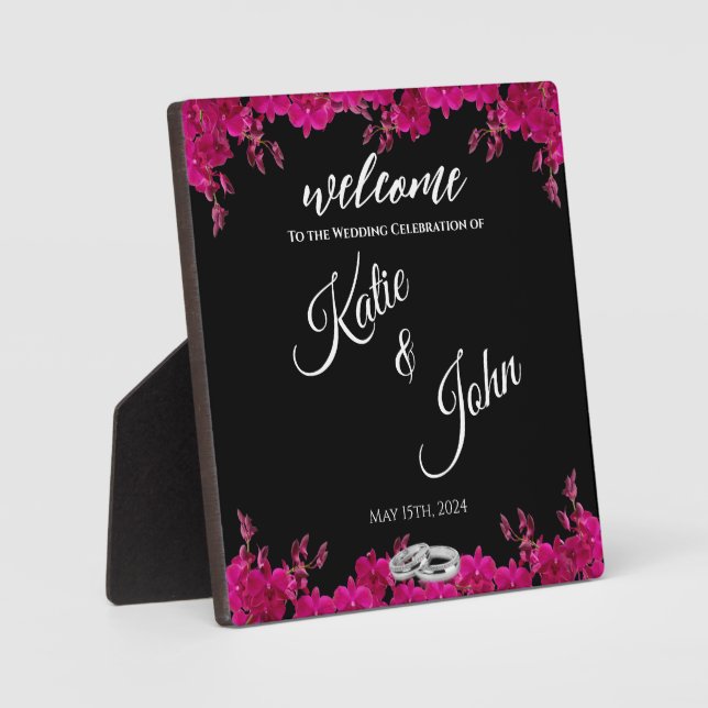 Fuchsia Orchids auf Black-Wedding-Table-Sign- Fotoplatte (Vorderseite)