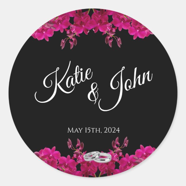 Fuchsia Orchids on Black-Wedding-Rings- Runder Aufkleber (Vorderseite)
